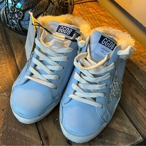 Golden Goose Blue Leather & Shearling Sneakers, Glitter Star NIB sz 36